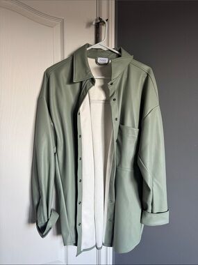 Sage Green Faux Leather Shacket with Snap Front